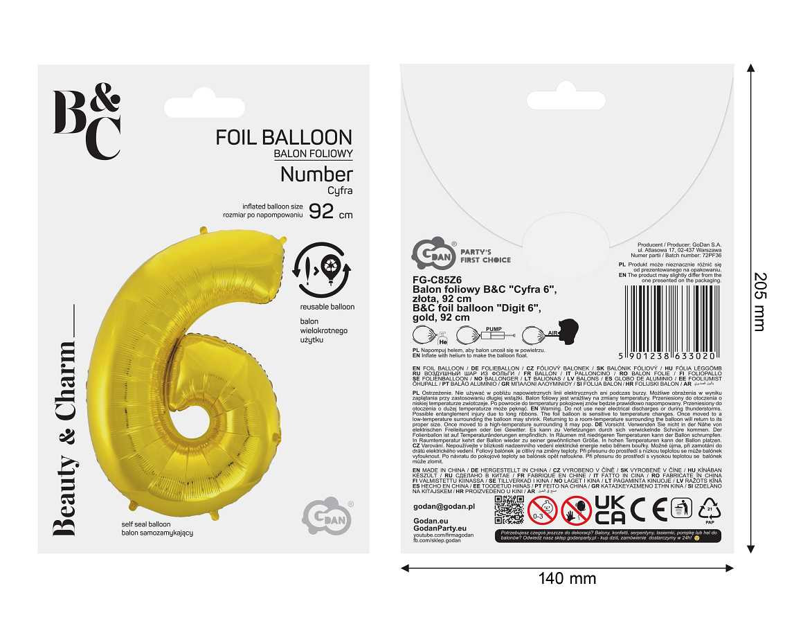 Foil balloon B&C digit 6, gold, 92 cm